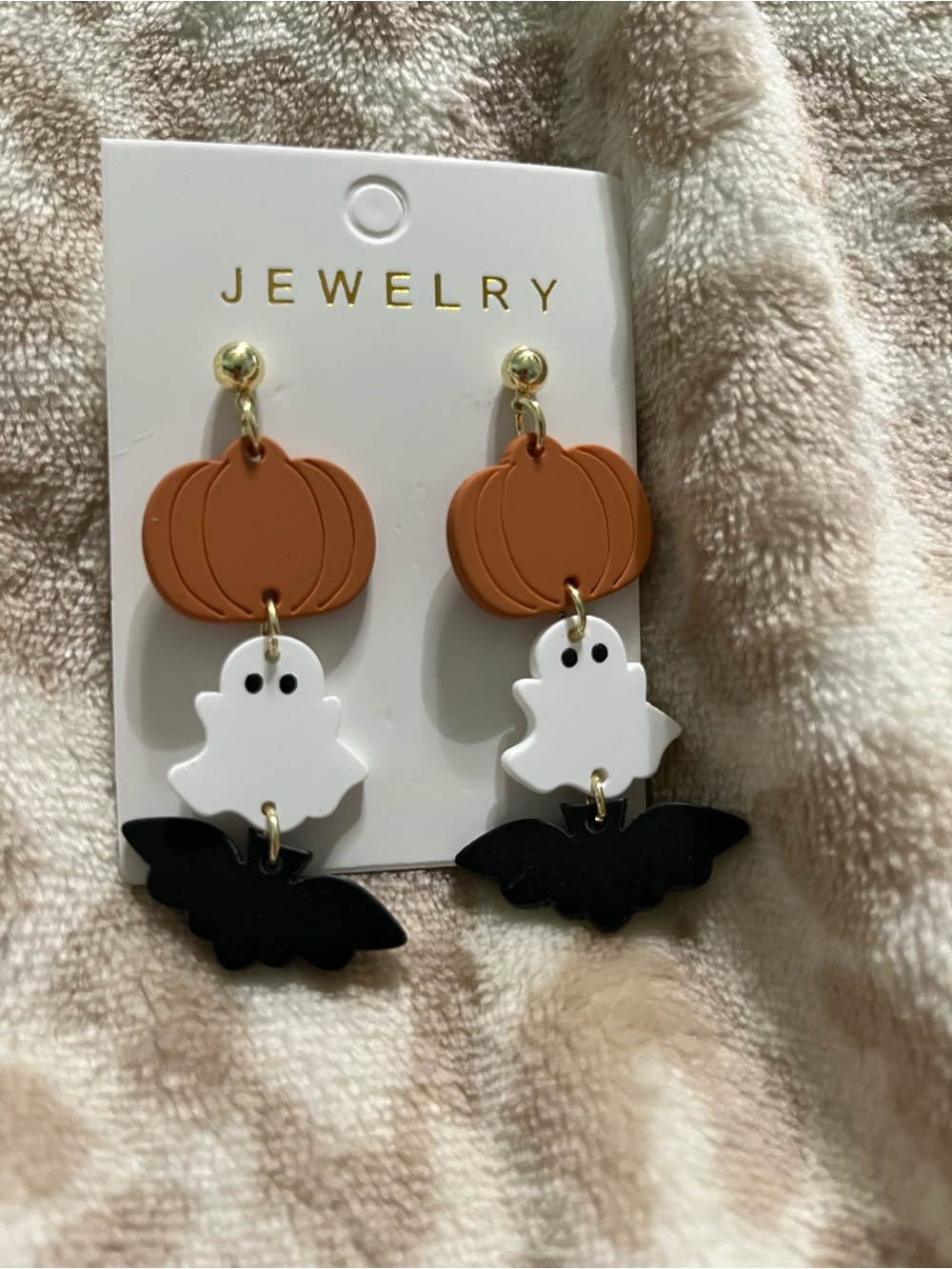 Halloween Pumpkin Ghost Bat Drop Earrings - White, Orange, Black